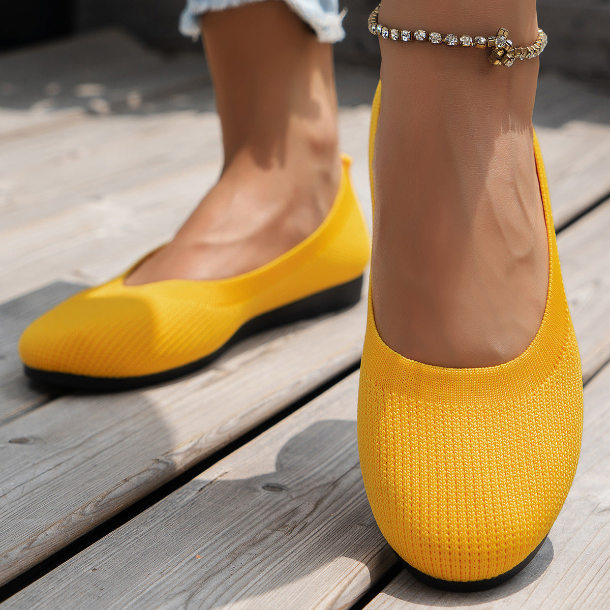 Black Knit Ballet Flats for Women | Slip-On Comfort Flat Shoes | Breathable Stretch Walking Flats