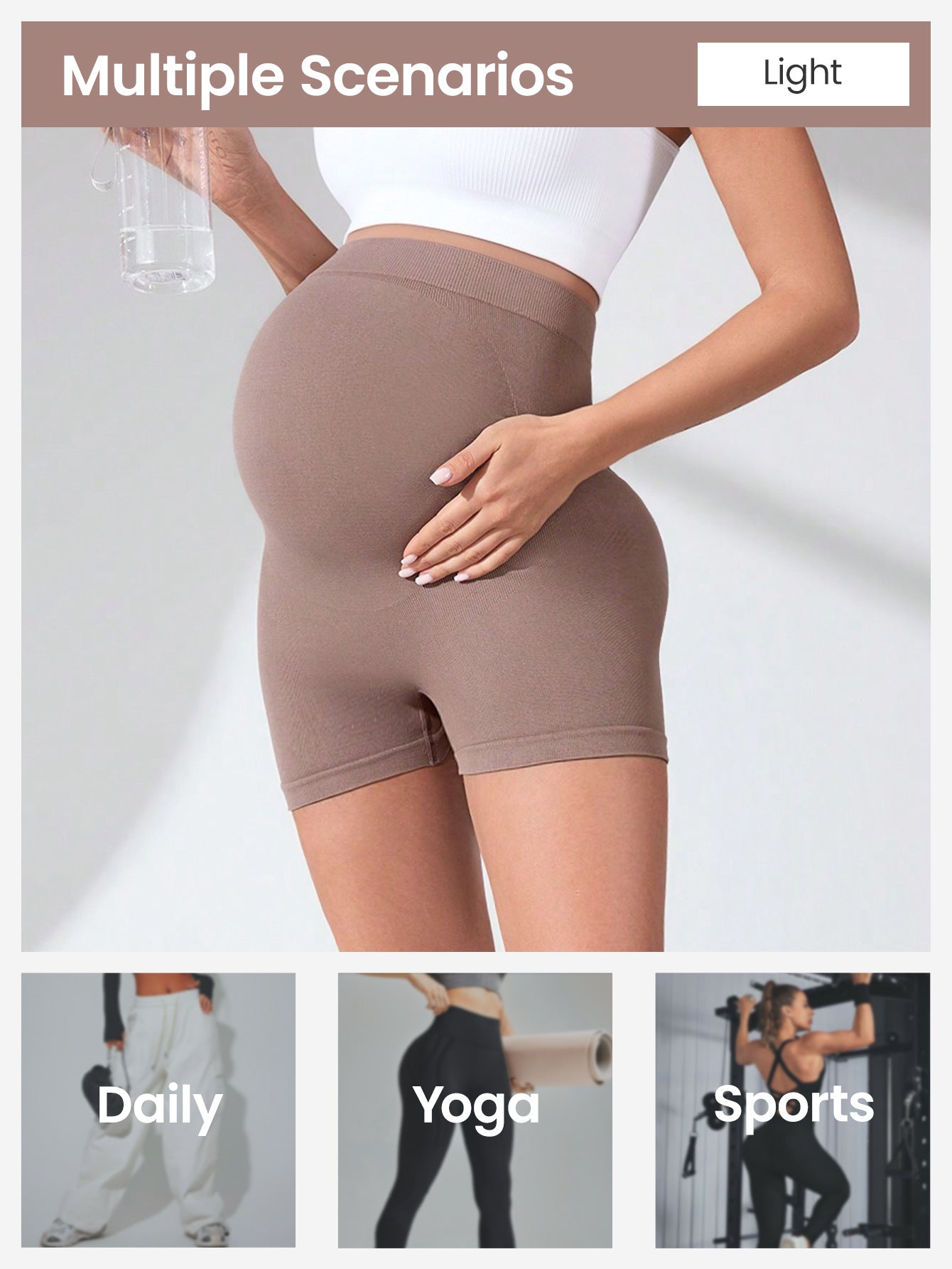 Seamless Quick-Dry Maternity Biker Shorts | High Waist Over Bump Pregnancy Shorts | Moisture Wicking Sculpting Active Bump Shorts | All Trimesters | Brown