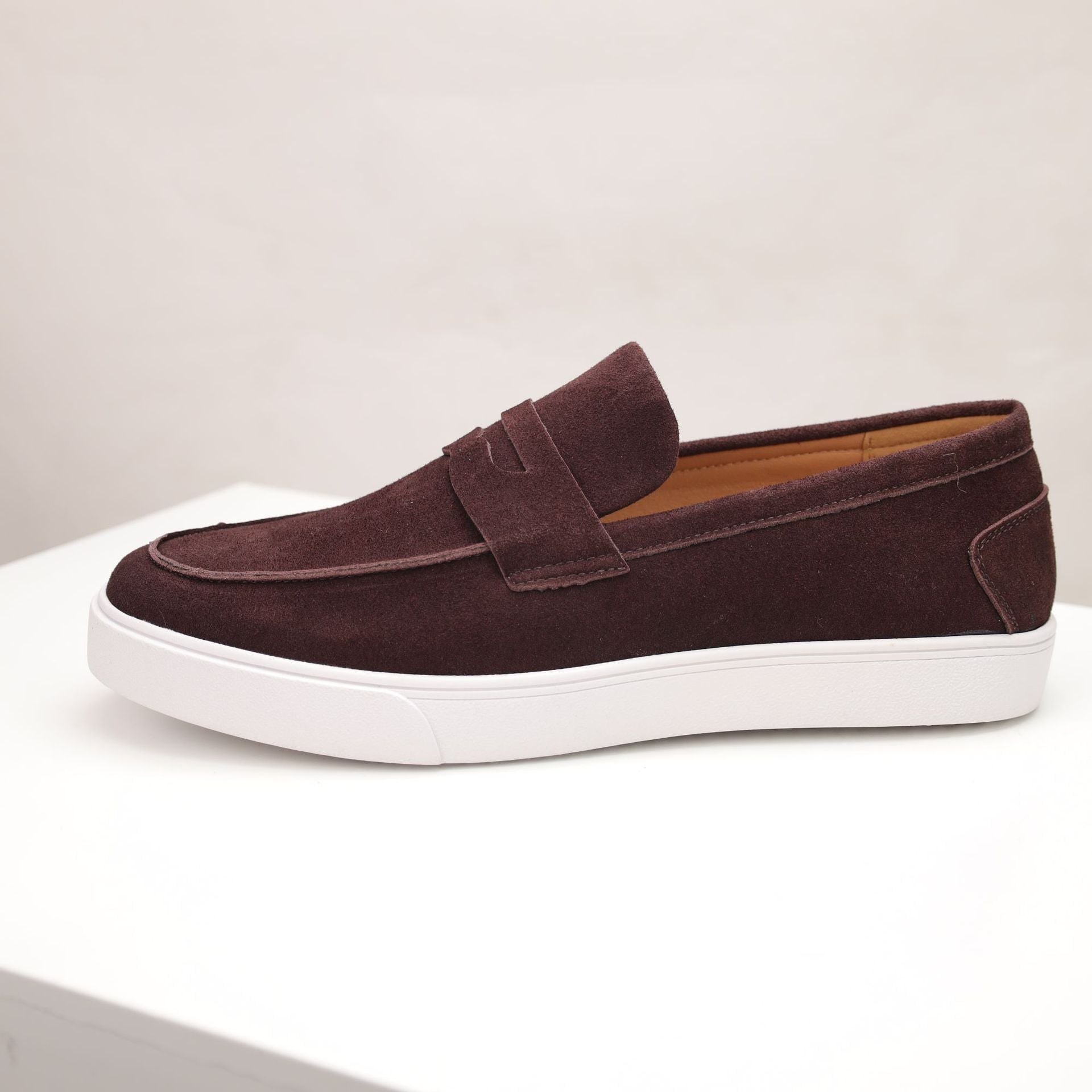 Men's Genuine Suede Leather Penny Loafers | Platform Slip-On Shoes | Tan Brown