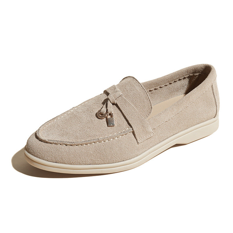 Women's Beige Suede Loafers with Gold Lock Charm ? Elegant Slip-On Flat Shoes for Everyday Luxury