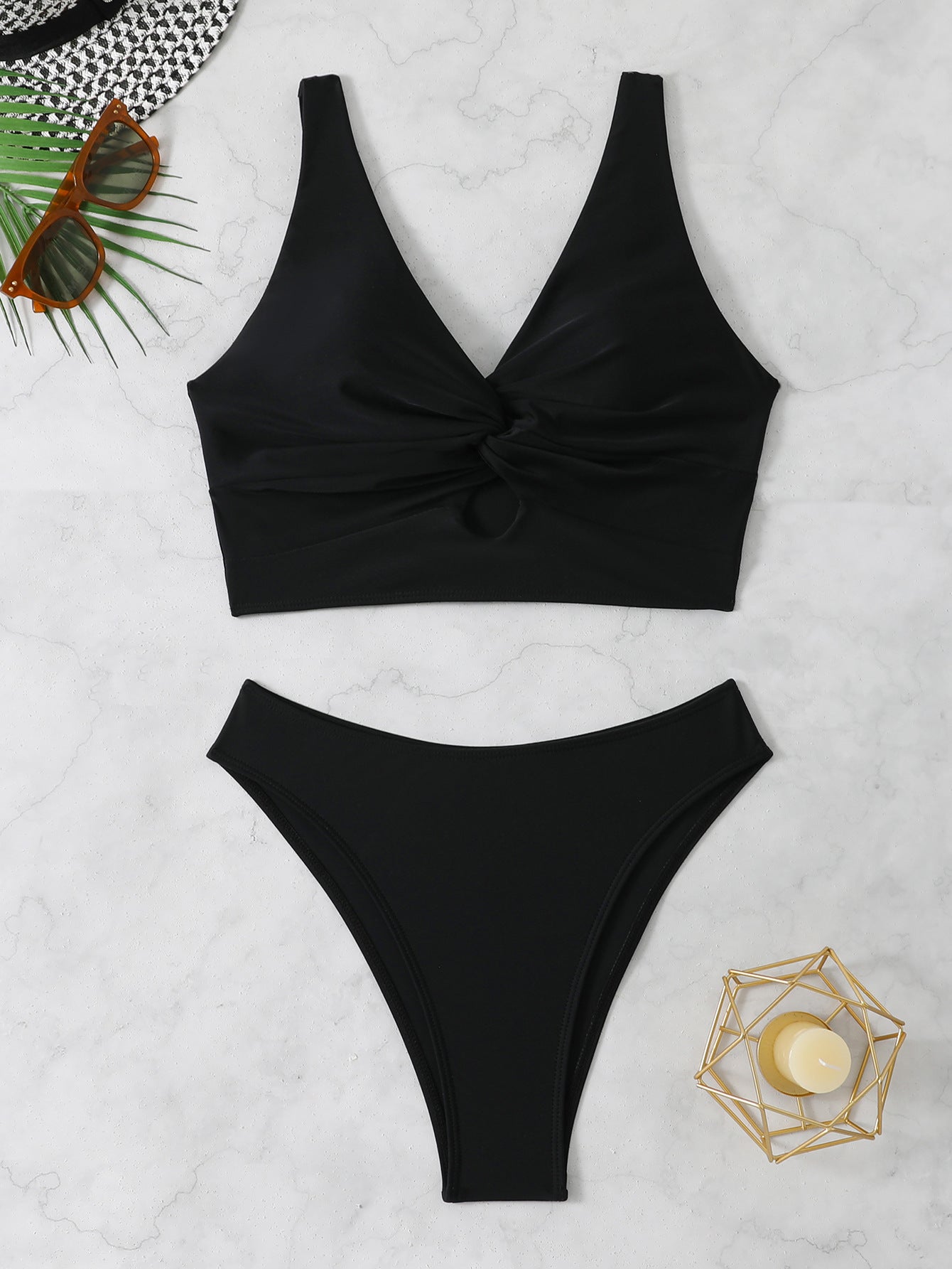Black Keyhole Cutout Wide Strap Bikini Set | Deep V Crop Top & High Cut Cheeky Bottoms | Sporty Chic Tummy Control Two Piece Swimsuit Women