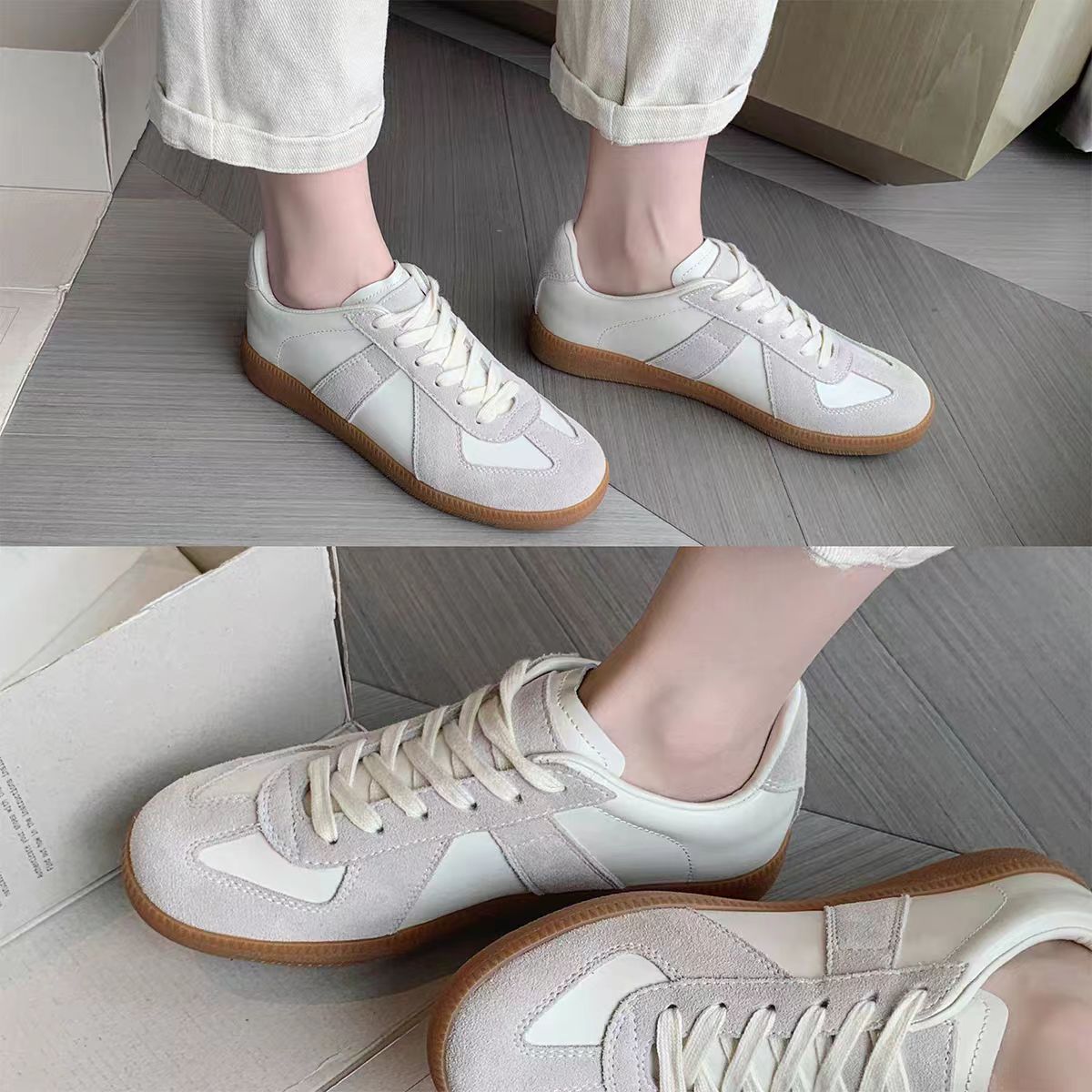 White Suede Panel Retro Low Top Sneakers with Gum Sole | Cream Leather Lace-Up Vintage Trainer Shoes | Replica Style Unisex Casual Sneakers | Quiet Luxury Everyday Gum Sole Shoes