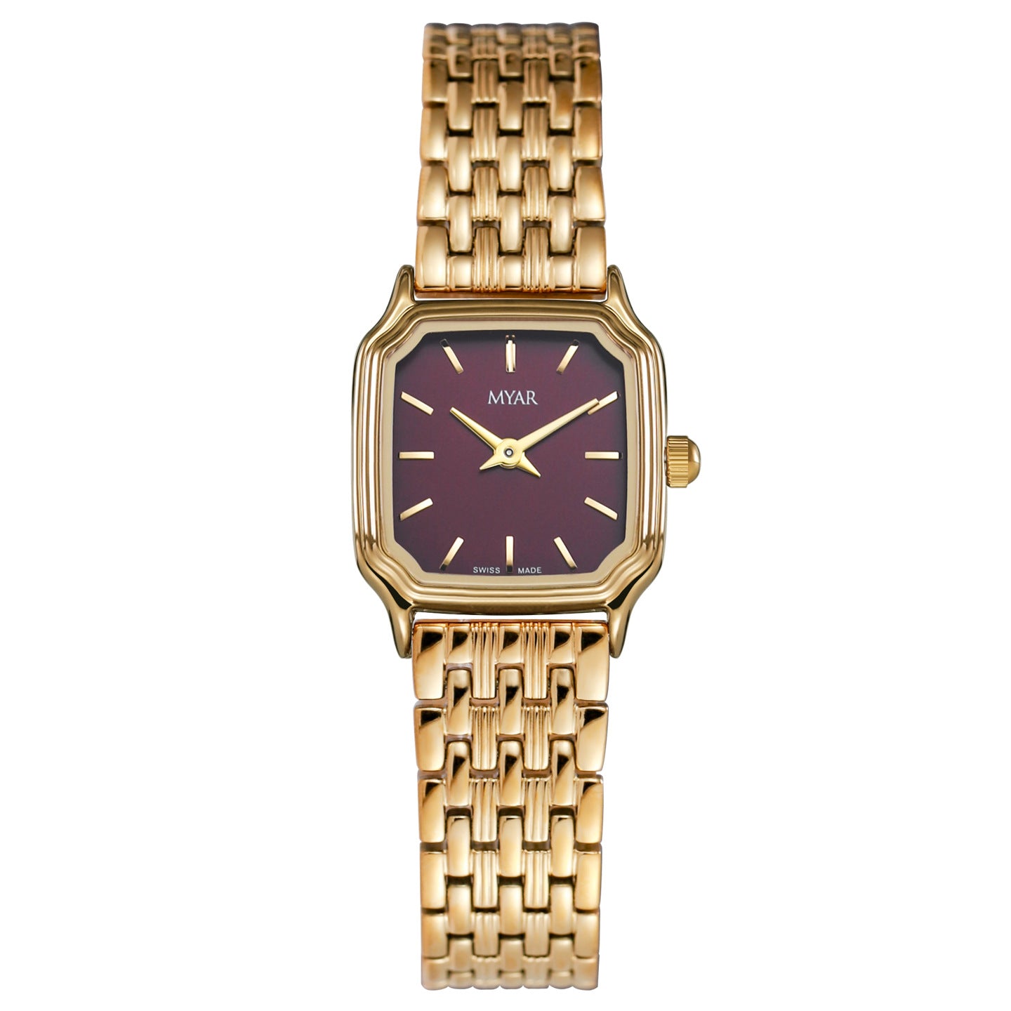 MYAR Swiss Made Women's Watch | Burgundy Red Dial | Gold Square Case | Luxury Panther Link Bracelet | Ladies Elegant Dress Watch | UAE