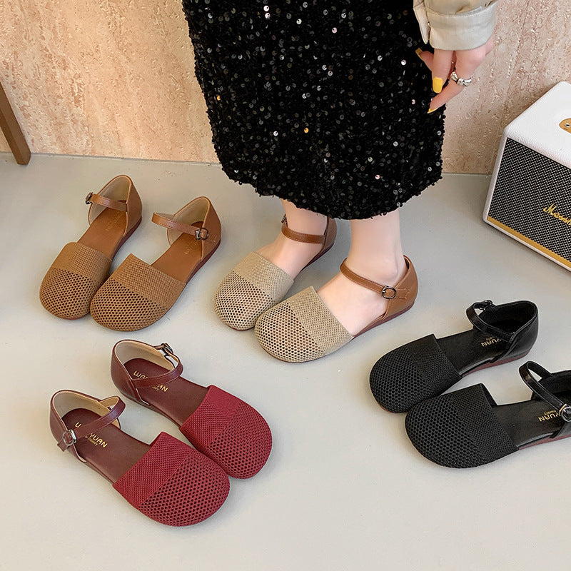 Tan Brown Mesh Cutout Flat Sandals for Women | Breathable Hollow Out Ankle Strap Flat Shoes | Casual Summer D'Orsay Sandals | Comfortable Everyday Flat Sandals