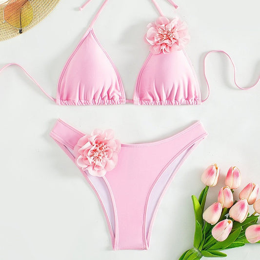 Pink 3D Flower Appliqu� Bikini Set | Halter Triangle Top & High Cut Bottoms | Floral Applique Feminine Two Piece Swimsuit Women