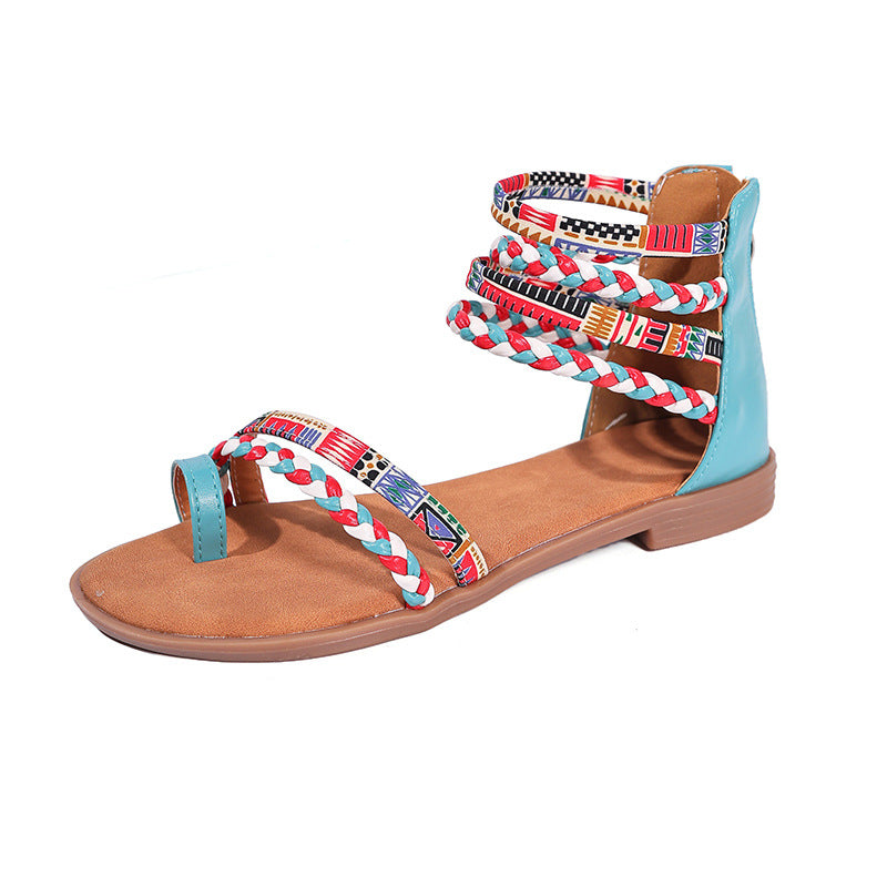 Boho Braided Gladiator Sandals Women Colorful Ethnic Flat Ankle Wrap Zip Back Open Toe Summer Beach Shoes