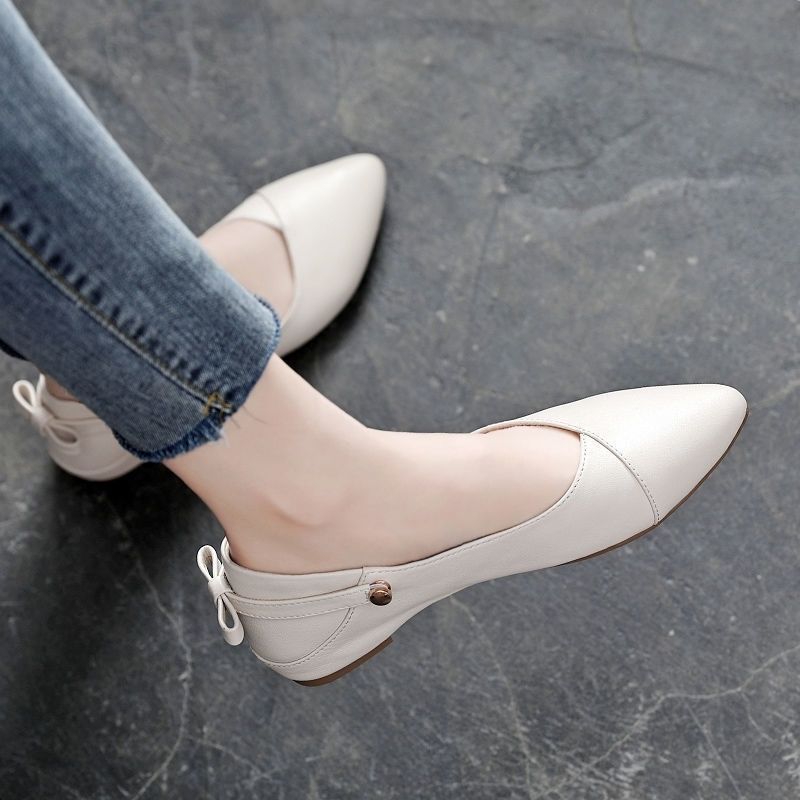 Cream Leather Pointed Toe Back Bow Slingback Ballet Flats | Elegant Gold Stud Slip-On Flat Shoes for Women