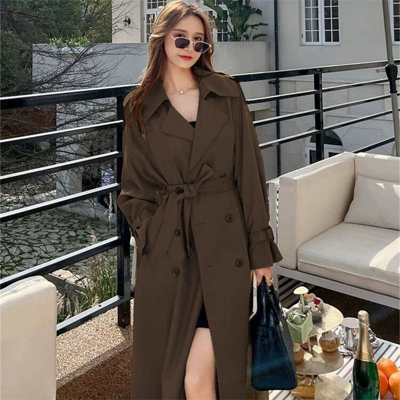 Women's Black Long Trench Coat with Belt, Double Breasted Lapel Collar and Midi Length for Fall and Winter