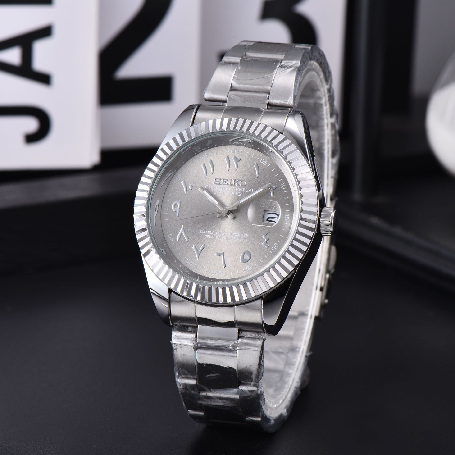 Men's Silver Luxury Dress Watch | Fluted Bezel Arabic Numeral Black Dial Jubilee Bracelet Date Watch