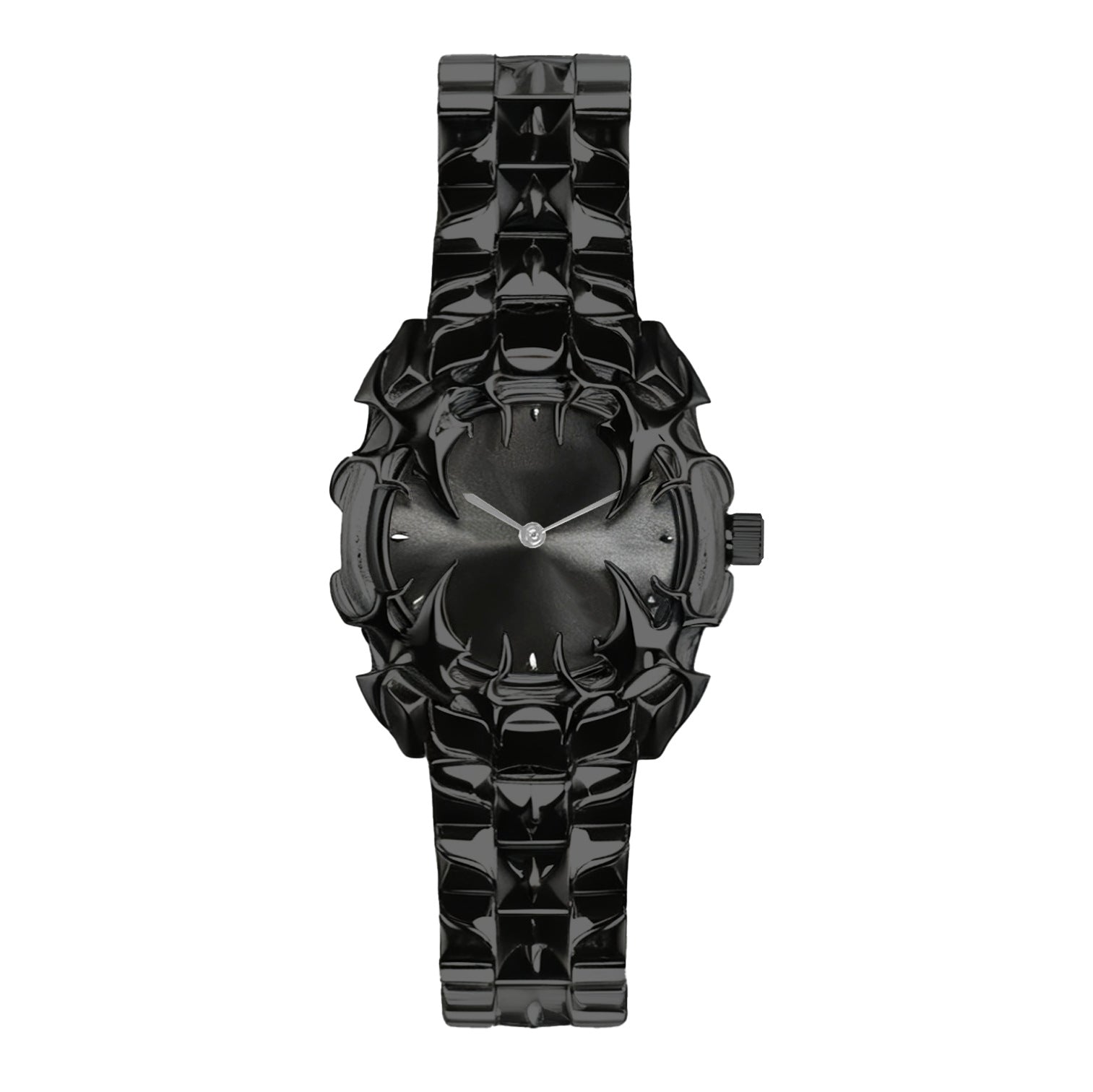 Gothic Black Thorn Spike Watch for Men | Red Dial Dark Luxury Stainless Steel Quartz Timepiece