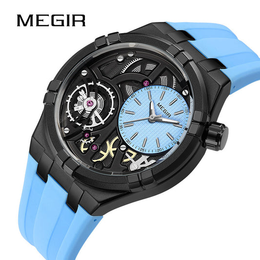 MEGIR Skeleton Watch for Men | Rainbow Dial Luxury Sport Quartz Watch Black Silicone