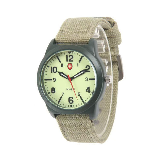 Men's Black Military Quartz Watch | Luminous Green Dial Red Second Hand Canvas Strap Army Watch