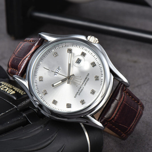 Men's Two-Tone Luxury Watch | Red Gradient Dial Crystal Markers Day-Date Brown Leather Strap