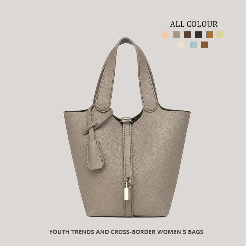 Taupe Pebbled Leather Tote Bag - Structured Bucket Bag with Lock Charm | Women's Everyday Shoulder Bag in Multiple Colors