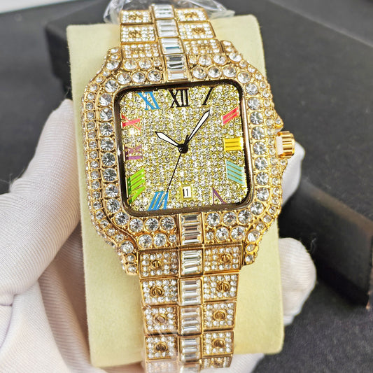 Iced Out Gold Square Watch | Full Diamond Crystal Baguette Bracelet Watch with Colorful Roman Numerals & Date Display | Hip Hop Luxury Watch
