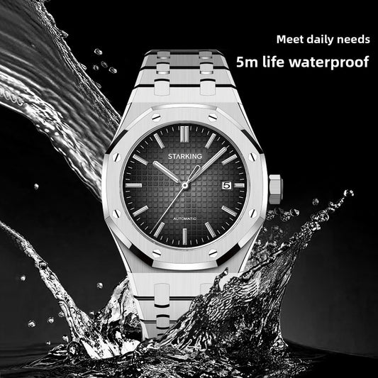 STARKING Automatic Men's Watch | Black Textured Dial Octagonal Bezel Silver Stainless Steel Bracelet Date Watch
