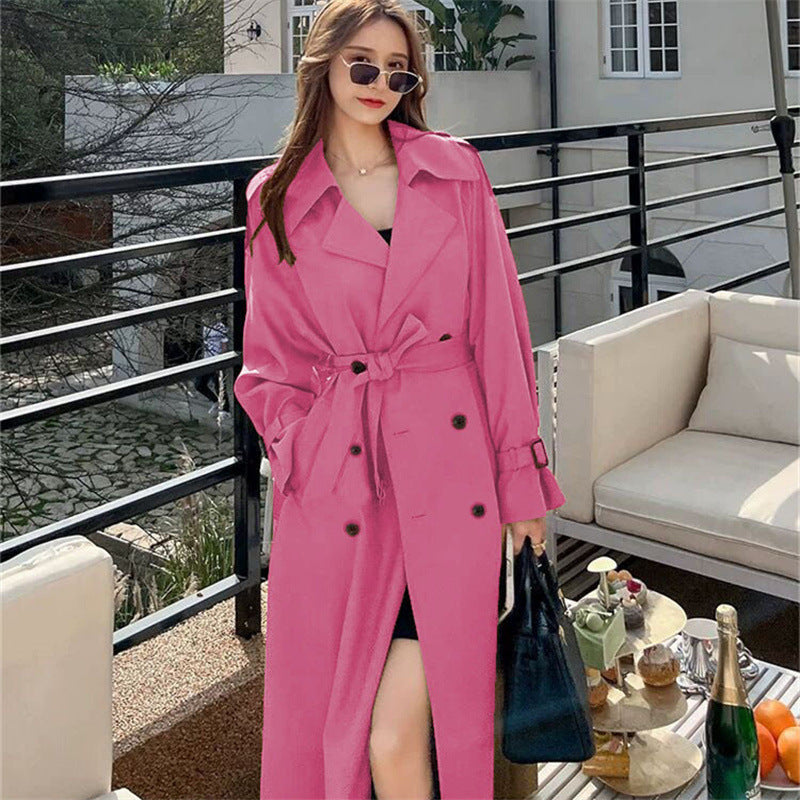 Women's Black Long Trench Coat with Belt, Double Breasted Lapel Collar and Midi Length for Fall and Winter