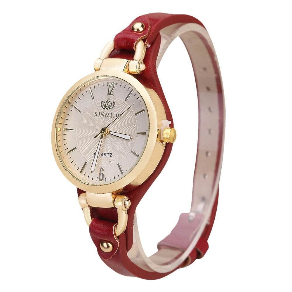 Brown Leather Wrap Watch Women | Gold Case Guilloche Dial | Thin Strap Stud Detail | Boho Vintage Quartz Dress Watch