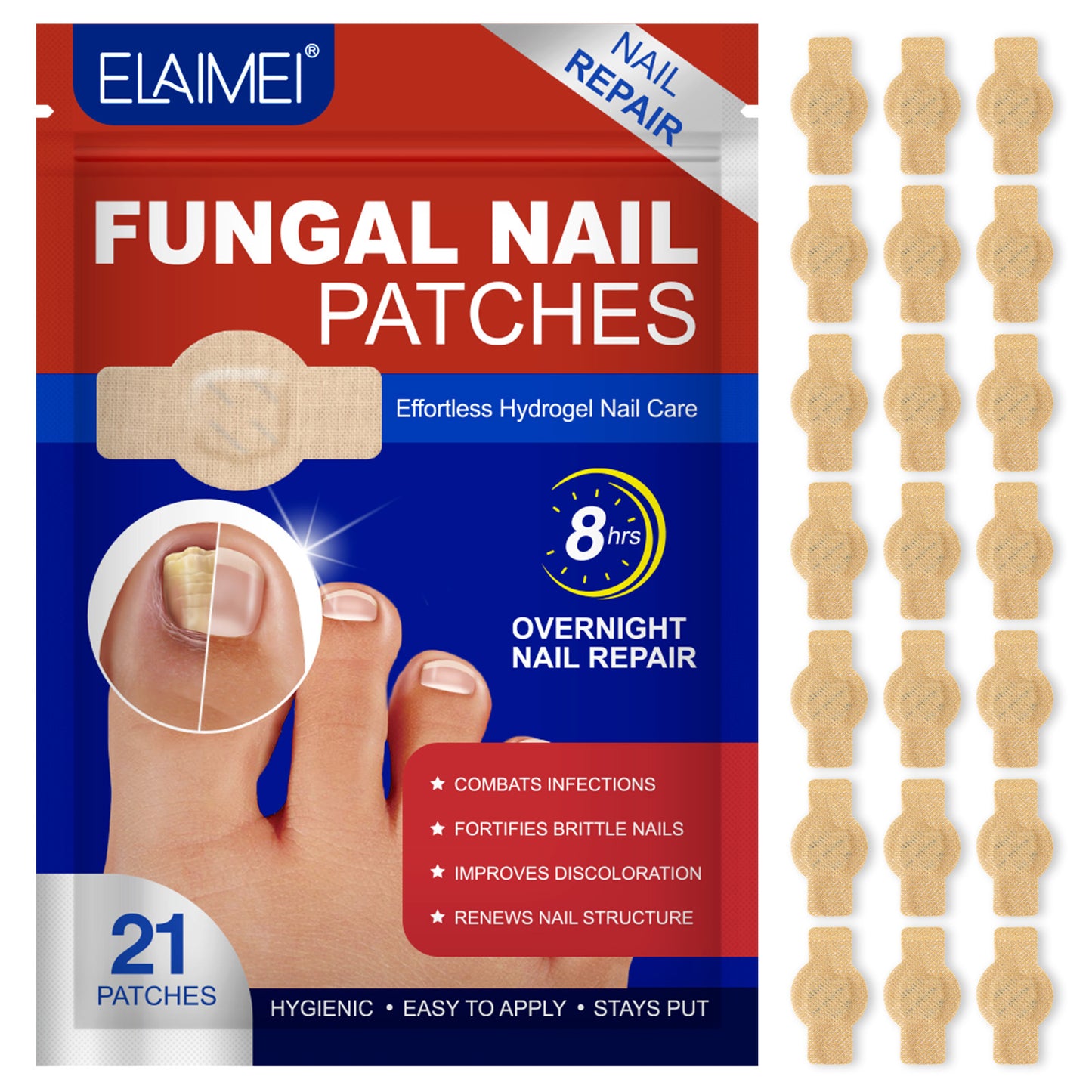 ELAIMEI Fungal Nail Patches | 21-Pack Overnight Hydrogel Nail Repair Treatment | Anti-Fungal Toenail Restoration Patches