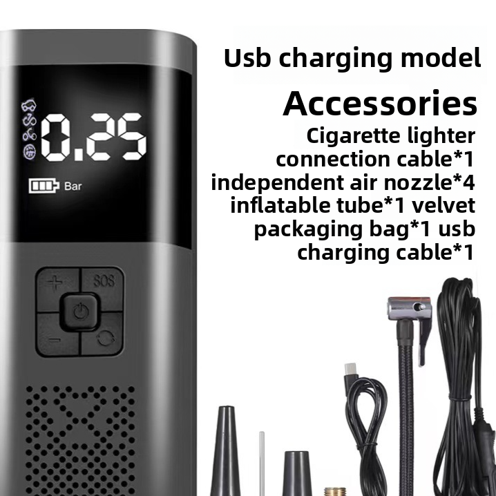 Digital Portable Tire Inflator Air Pump | LCD Display, Auto Shut-Off, 4 Nozzles - Car Tyre Compressor with Cigarette Lighter Cable