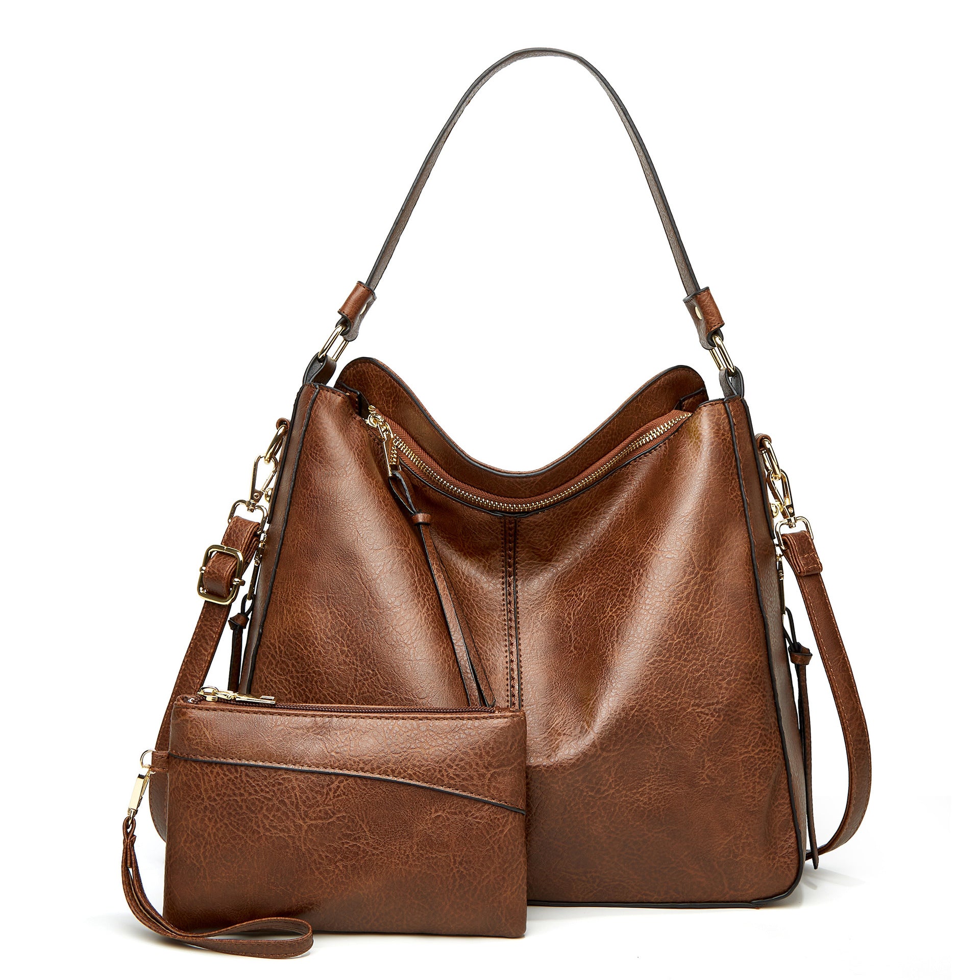 Black Leather Hobo Bag Set - 2 Piece Slouchy Shoulder Bag with Matching Clutch Wallet | Convertible Crossbody Purse with Gold Hardware