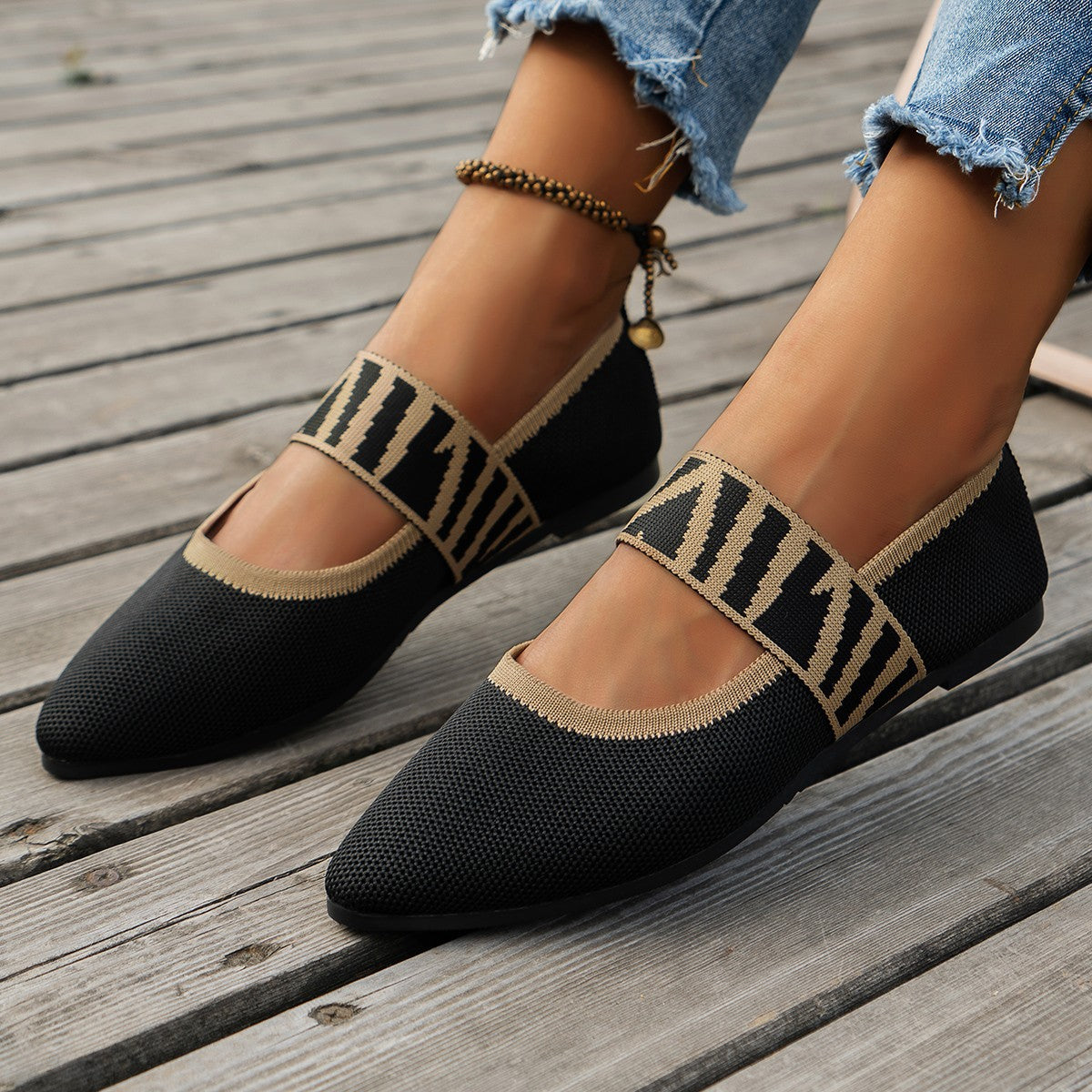 Black Knit Pointed Toe Flats Women Geometric Stripe Strap Slip-On Breathable Ballet Shoes Casual Daily