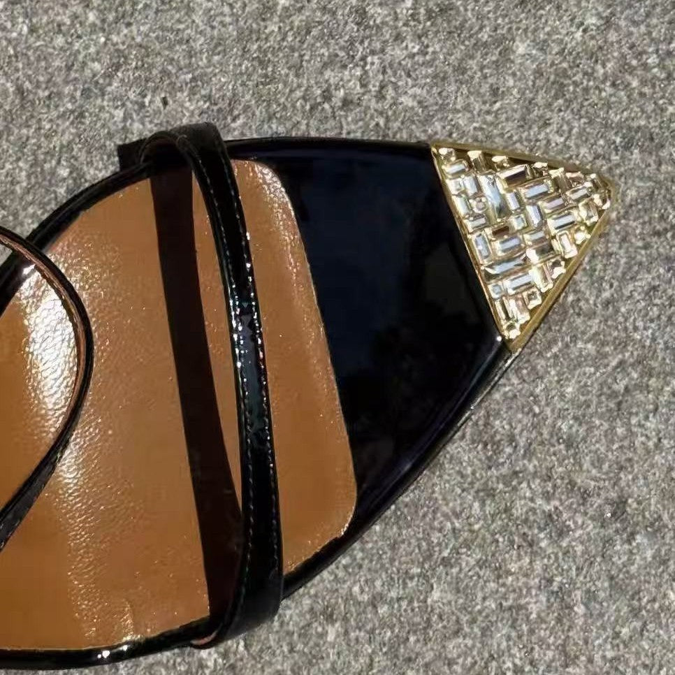 Black Patent Leather Strappy Heeled Sandals with Gold Pointed Toe Cap | Luxury Evening Shoes