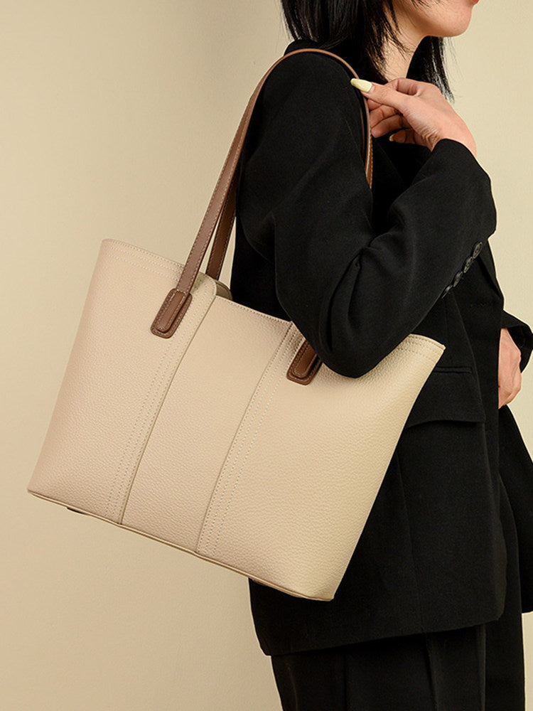 Cream Beige Leather Tote Bag with Brown Handles | Two-Tone Shoulder Bag