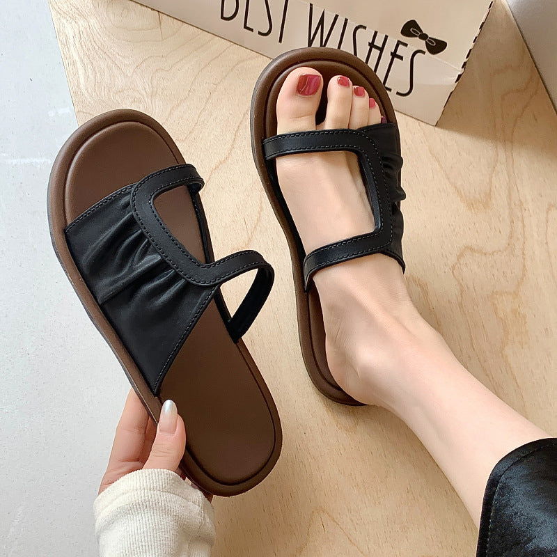 H Strap Flat Slide Sandals for Women | Designer Inspired H Band Open Toe Mule Sandals | Available in Brown Cream Black | Luxury Minimalist Slip-On Summer Sandals | Hermes Inspired Flat Sandals