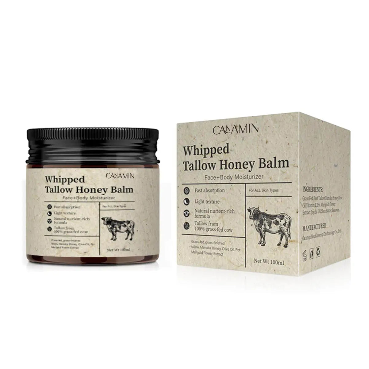 CANAMIN Whipped Tallow Honey Balm Set of 2 | Grass-Fed Tallow & Manuka Honey Face + Body Moisturizer — 100ml Each