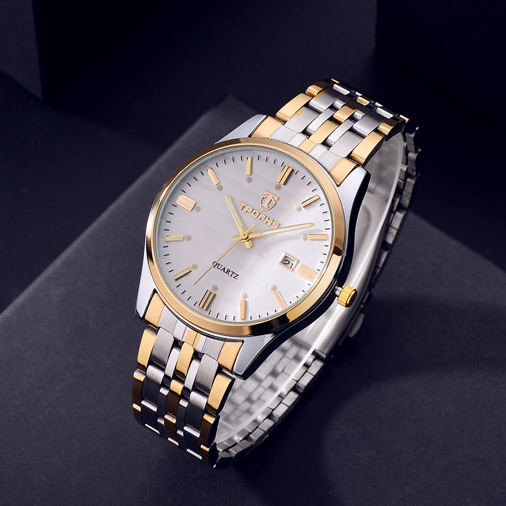 TROFHS Men's Quartz Watch | White Striped Dial | Brushed Stainless Steel Bracelet | Classic Silver Dress Watch with Date Window