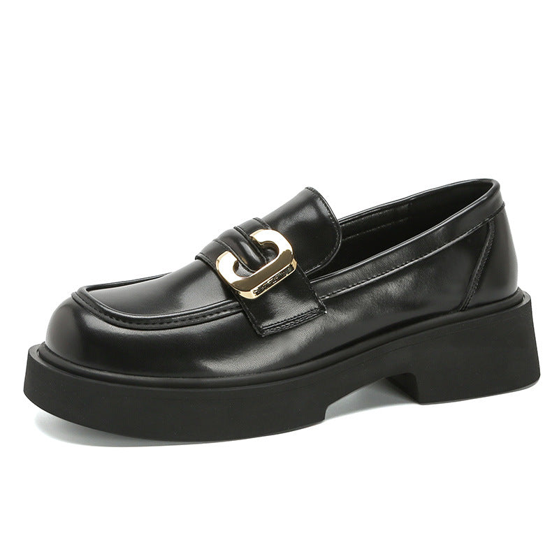 Black Leather Platform Loafers for Women | Gold Chain Bit Hardware Chunky Sole Slip-On Loafers | Square Toe Thick Platform Dress Shoes | Luxury Style Everyday Loafers