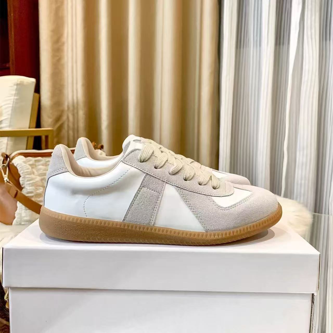 White Suede Panel Retro Low Top Sneakers with Gum Sole | Cream Leather Lace-Up Vintage Trainer Shoes | Replica Style Unisex Casual Sneakers | Quiet Luxury Everyday Gum Sole Shoes