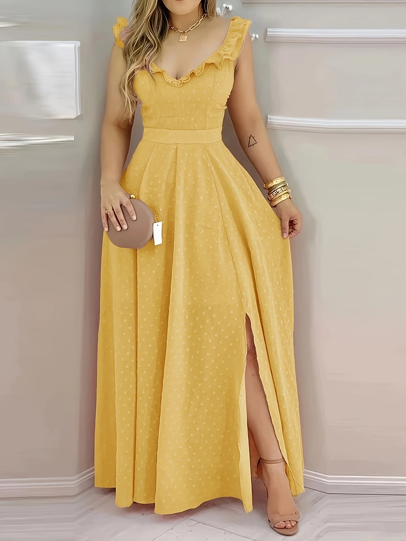 Maxi vestito giallo a pois svizzeri con balze | Prendisole aperto con spalline sul retro e spacco laterale | Vestito estivo da donna bohémien ampio | Abito per invitati a matrimoni e vacanze