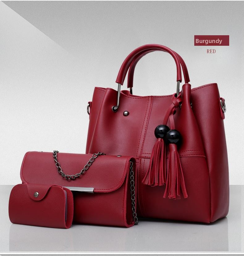 Black Leather Handbag Set 3-Piece with Tote, Chain Bag & Wallet | Women's Bag Collection