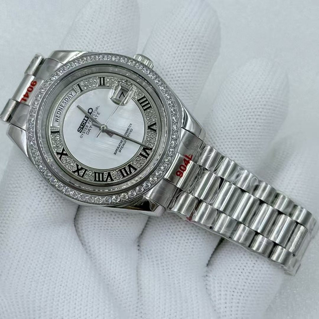 Seiko Automatic Watch Men | Arabic Numeral Blue Tapisserie Dial | Octagon Screw Bezel | Silver Steel Royal Oak Style Watch