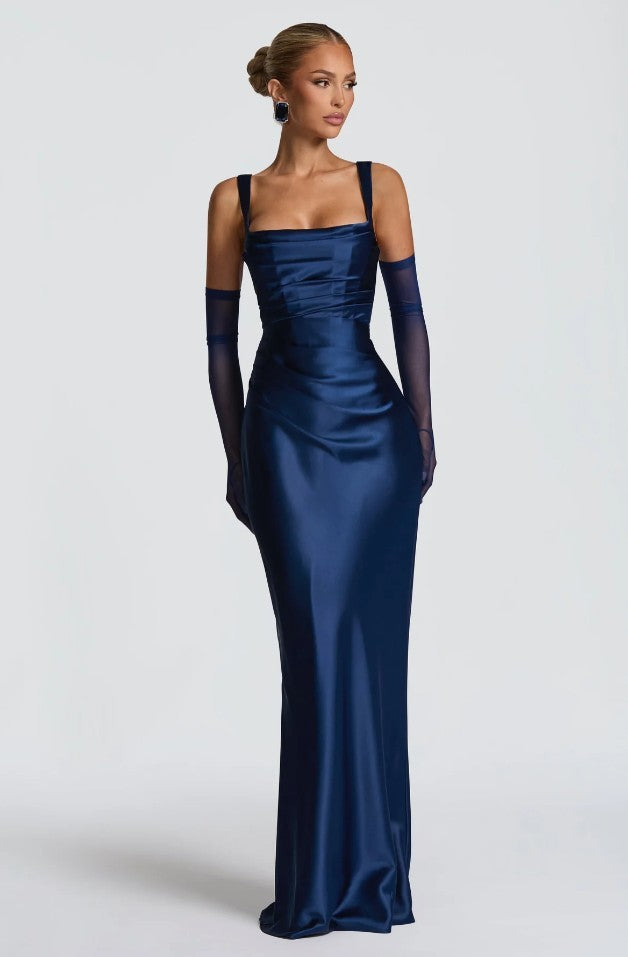 Women's Navy Blue Satin Maxi Dress | Square Neck Ruched Bodycon Formal Gown with Gloves | Elegant Evening Prom Wedding Dress
