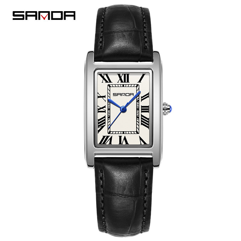 SANDA Women's Rectangle Rose Gold Watch | White Roman Numeral Dial Blue Hands Black Leather Strap Classic Quartz Timepiece