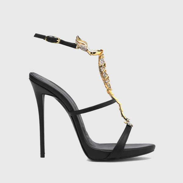 Black Leather Gold Crystal Rhinestone Flame Serpent T-Bar Stiletto Sandals with Slingback Buckle | Luxury Designer Evening Heels for Women