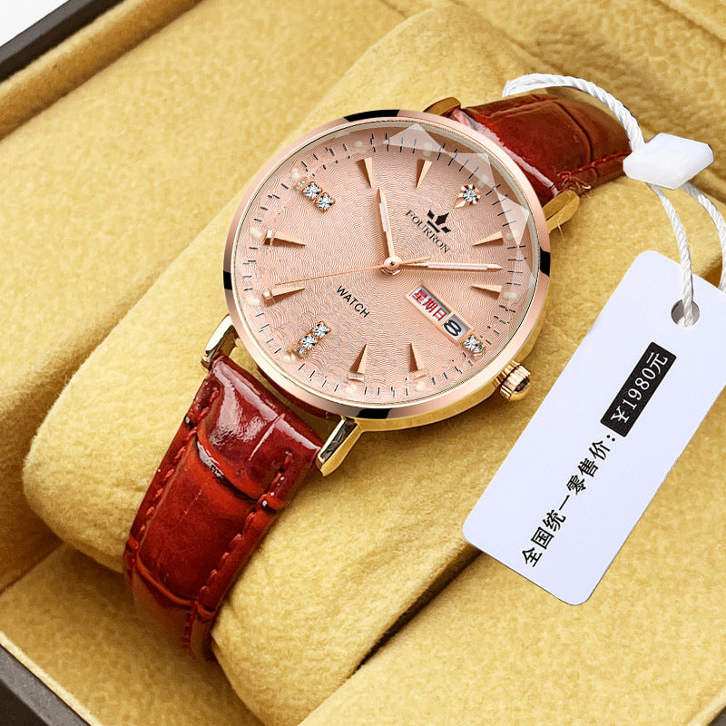 Fourron Rose Gold Mesh Women's Watch | White Dial Crystal Markers Day Date Display Elegant Quartz Timepiece
