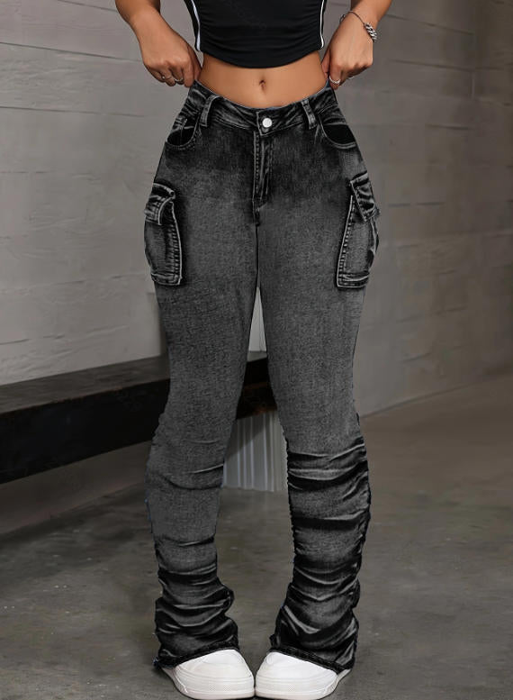 Women's High Waist Stacked Cargo Jeans | Blue Denim Ruched Flare Pants | Multi Pocket Stretchy Skinny Jeans | Streetwear Fashion
