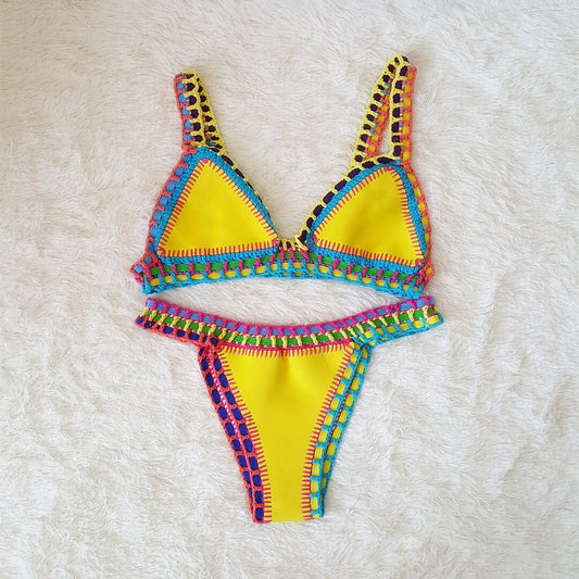 Yellow Crochet Trim Bikini Set | Boho Triangle Top & Low Rise Bottoms | Multicolor Handcrafted Woven Two Piece Swimsuit Women