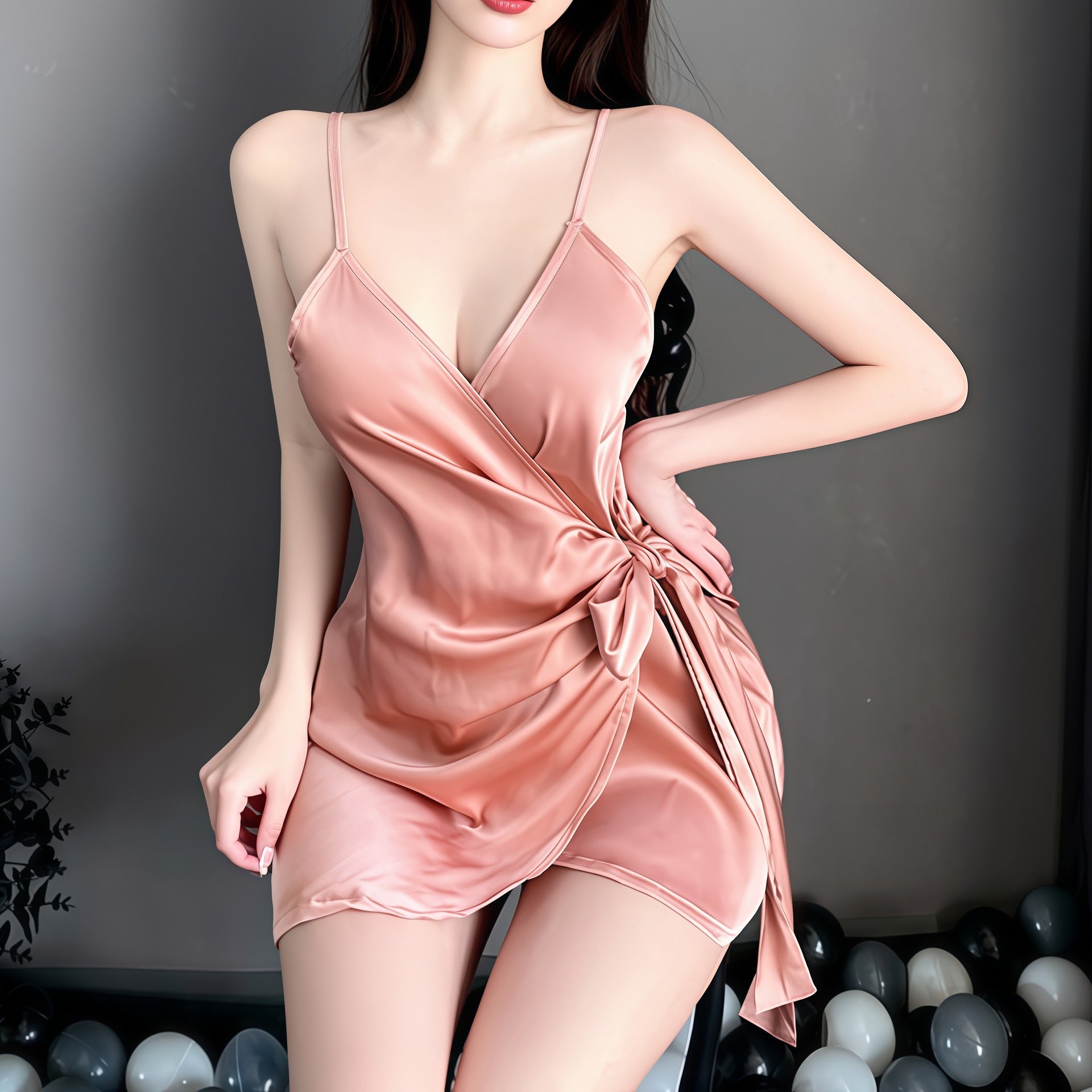 Women's Red Satin Wrap Bow Tie Mini Slip Dress Sexy Deep V Neck Asymmetric Ruched Nightgown Chemise Sleepwear