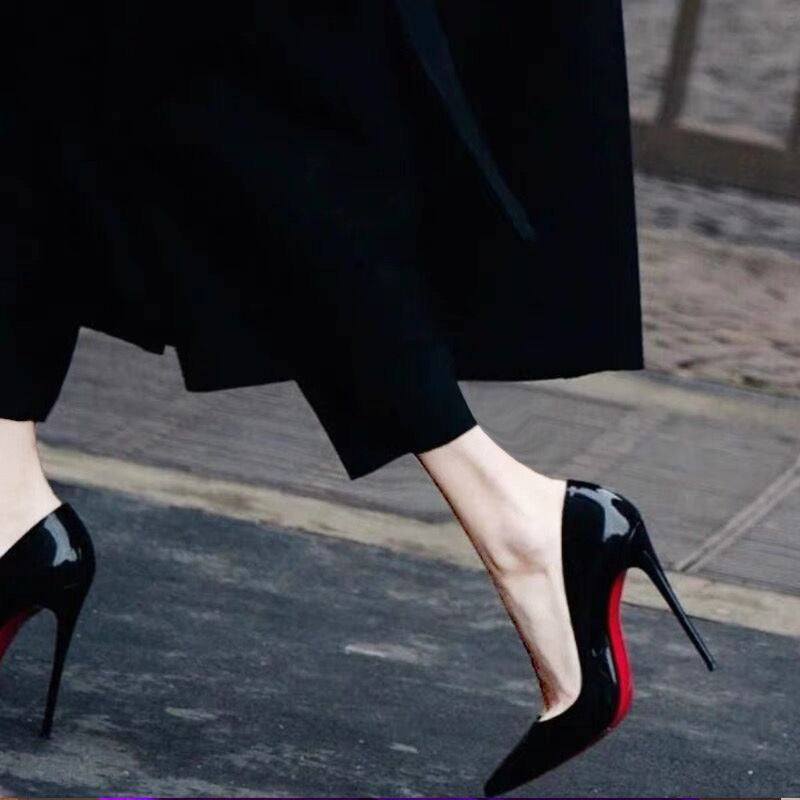 Black Patent Leather Pointed Toe Extreme Stiletto Pumps with Red Sole & Red Lining | Iconic Luxury Power Heels for Women
