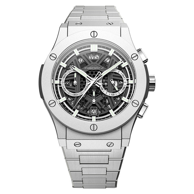 ساعة ABORNI Skeleton Chronograph للرجال | علبة فضية مكشوفة ببراغي، مينا مفتوح، سوار فولاذي، ساعة مزودة بتقويم