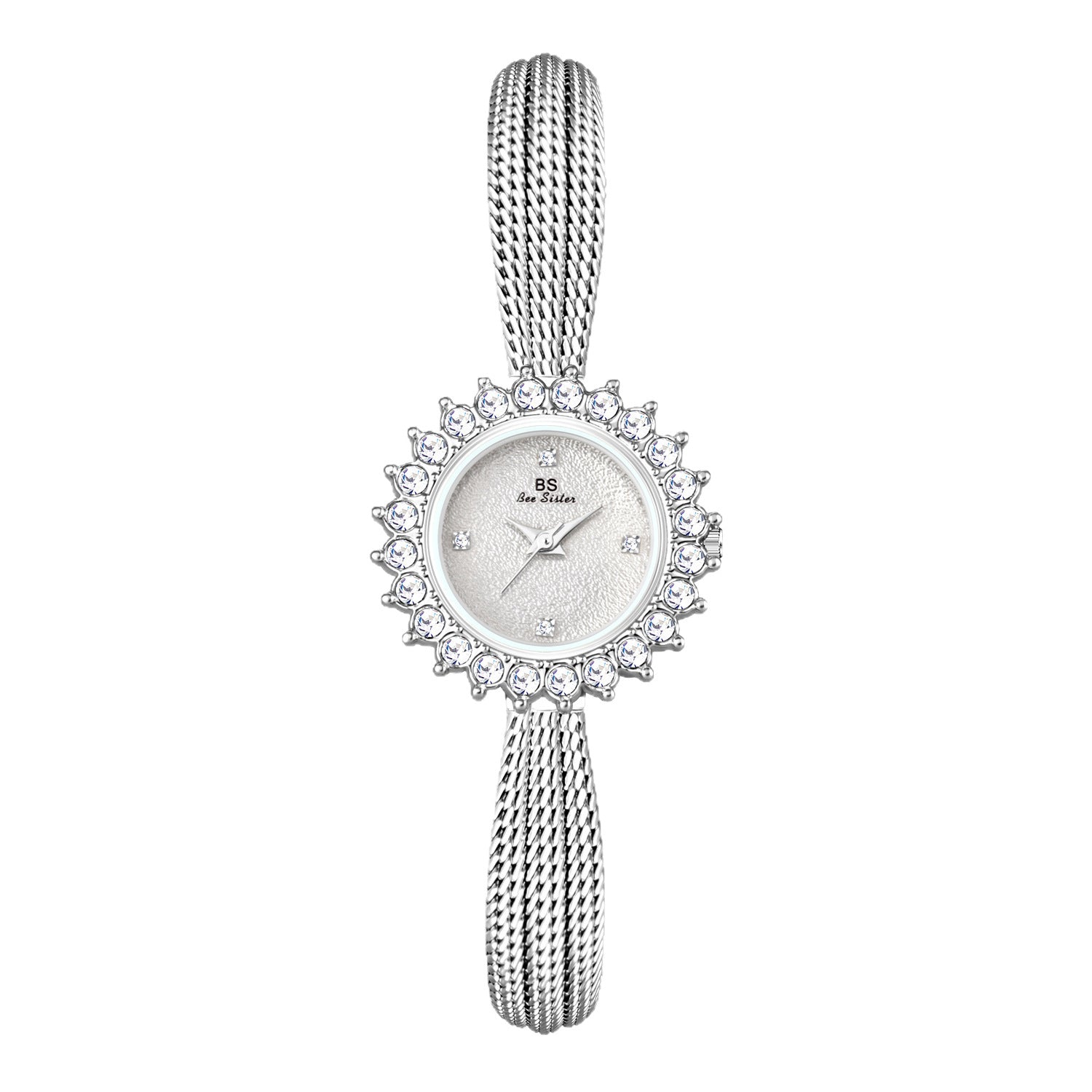 Bee Sister Women's Crystal Halo Watch | Silver Twisted Mesh Bracelet Rhinestone Sunflower Bezel | Luxury Dainty Jewelry Timepiece