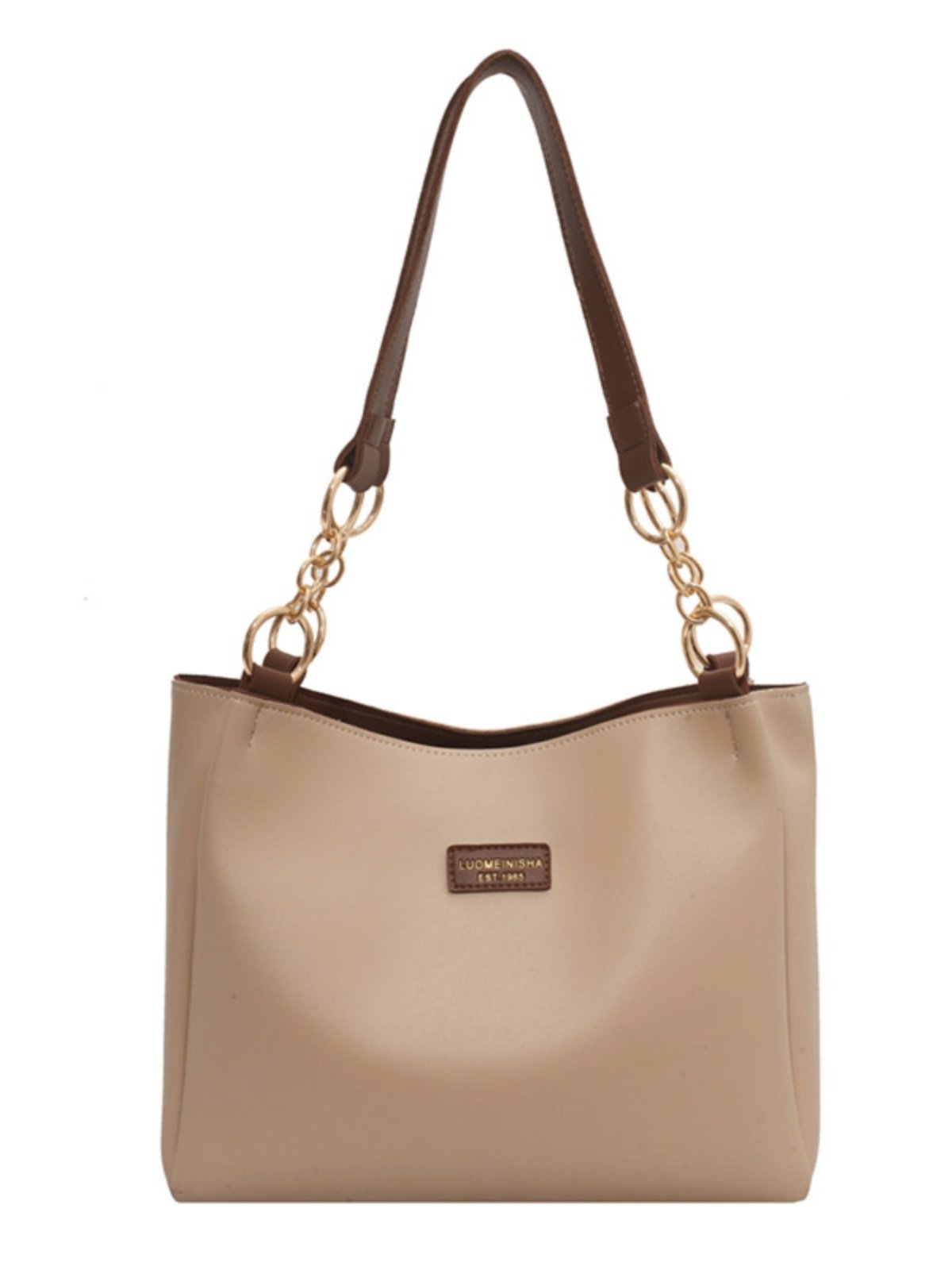 Beige Leather Tote Bag with Brown Straps & Gold Chain Detail | Two-Tone Shoulder Bag