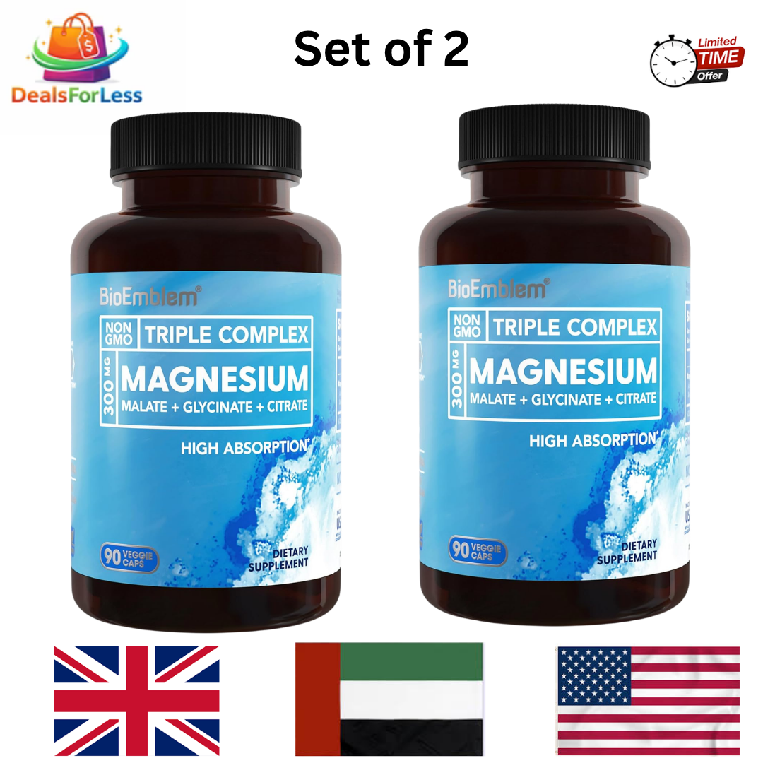 BioEmblem Triple Complex Magnesium 300mg Set of 2 | 90 Veggie Caps | Malate + Glycinate + Citrate High Absorption Non-GMO Supplement