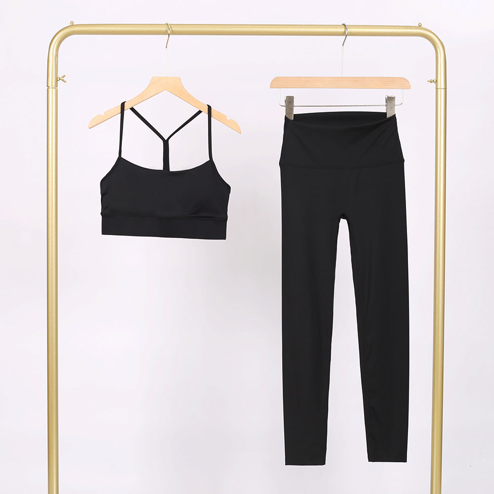 Black 2-Piece Yoga Set Women | Y-Back Sports Bra & High Waist Leggings | Workout Gym Activewear Matching Set