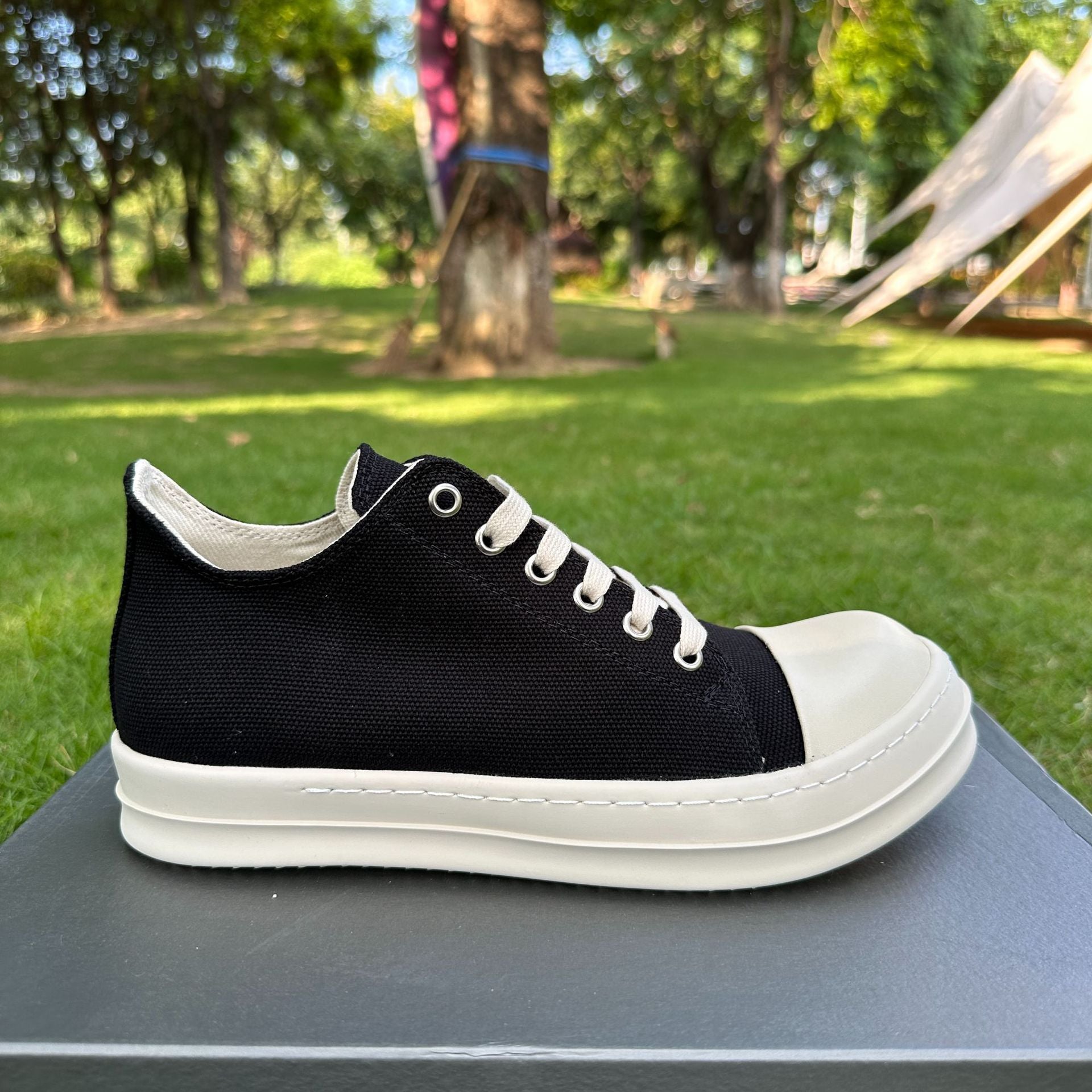 Black Canvas Low Top Sneakers | Chunky White Sole Lace-Up Unisex Platform Shoes | Avant-Garde Street Style Trainers